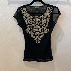 INC Black Sheer Mesh Top Gold Embellished Studded Whimsigoth Gothic Romance S